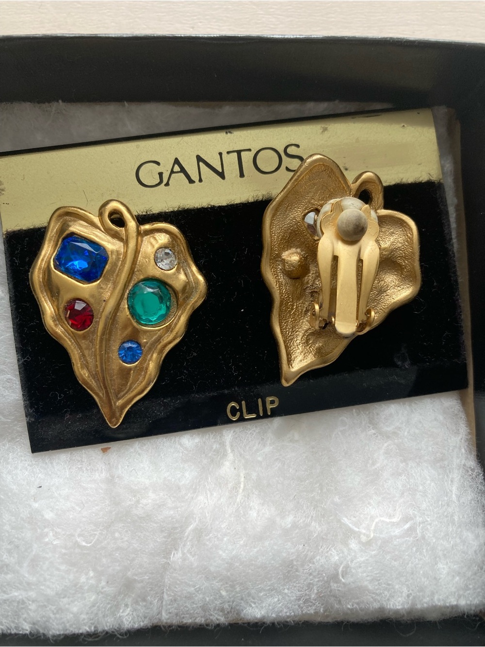 Gantos Gold Leaf Clip-On Earrings with Blue, Green, Red and Clear Stones